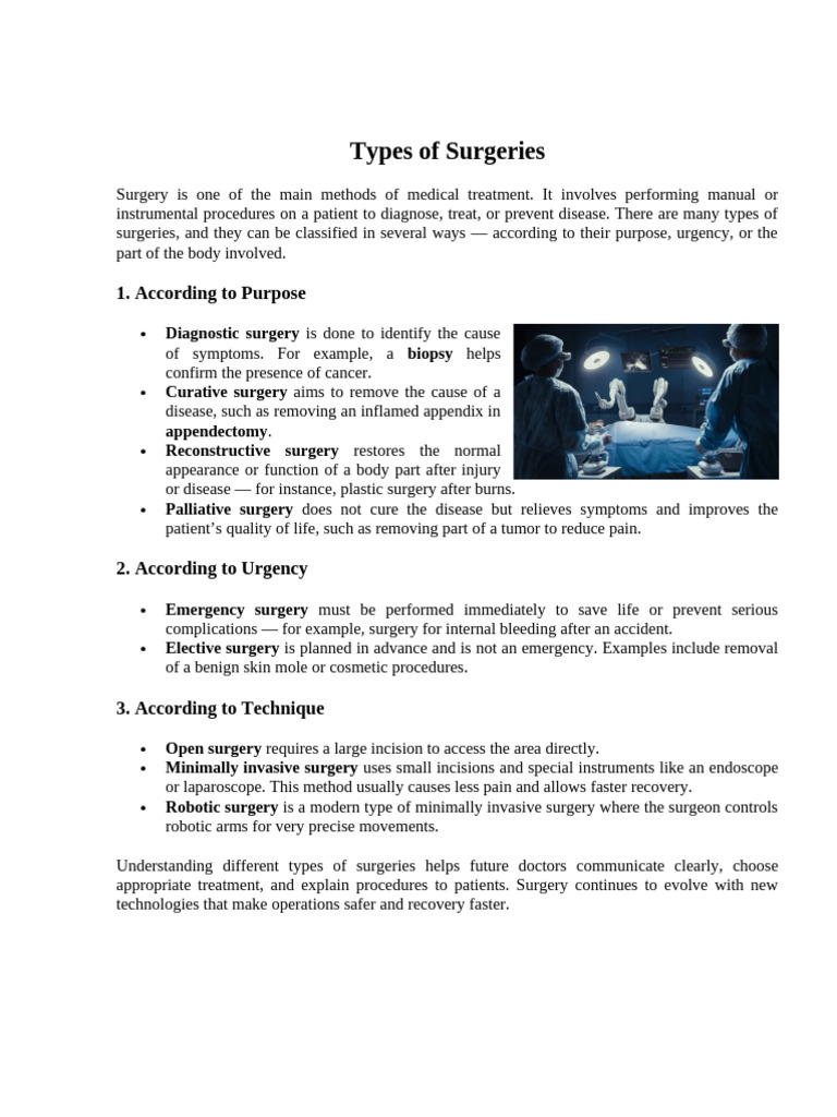 Types of Surgeries: 1. According To Purpose | PDF | Surgery | Plastic ...