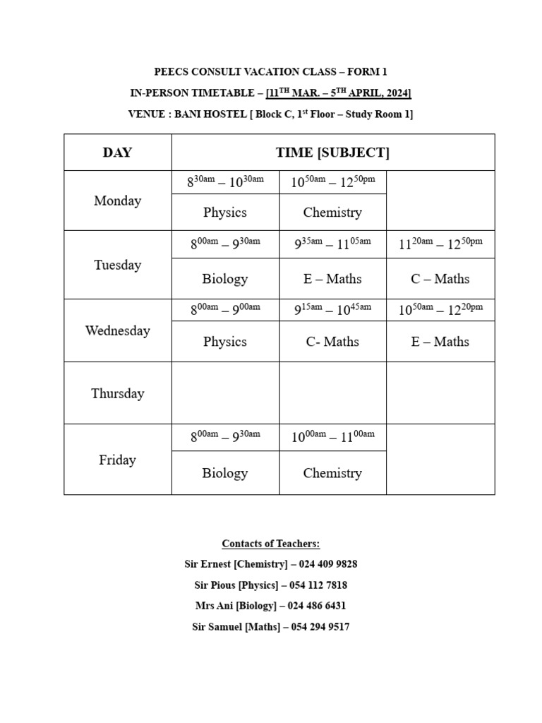 Form 1 in Person Timetable - Mar - April, 24 | PDF