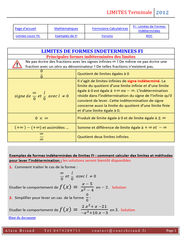 Principales Formes Indeterminees Des Limites TERMINALE | PDF | Limite ...