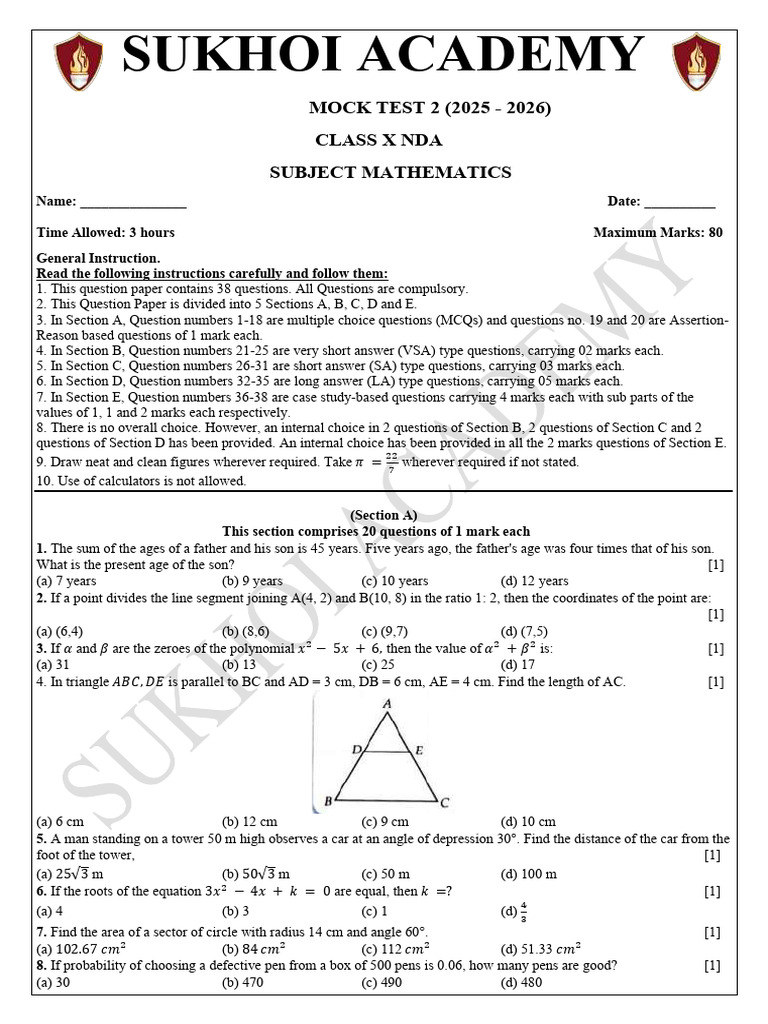 Class X Mathematics Mock Test 2 (2025 - 2026) | PDF | Circle | Sphere
