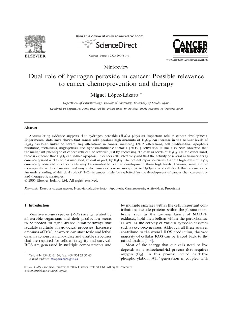 H2O2 - Hydrogen Peroxide Role in Cancer (2007) | PDF | Reactive Oxygen ...