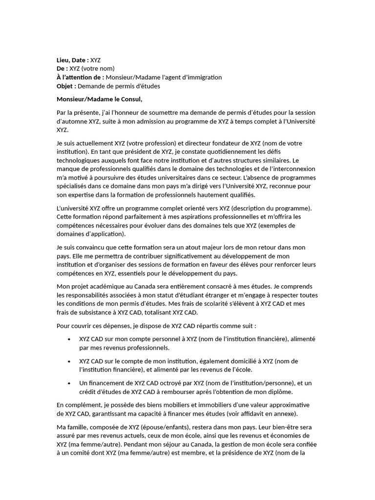 Modele Universel de Lettre Explicative Pour Une Demande de Permis ...