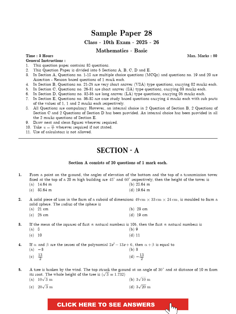 Maths Basic CBSE Class 10 Paper | PDF | Circle | Area