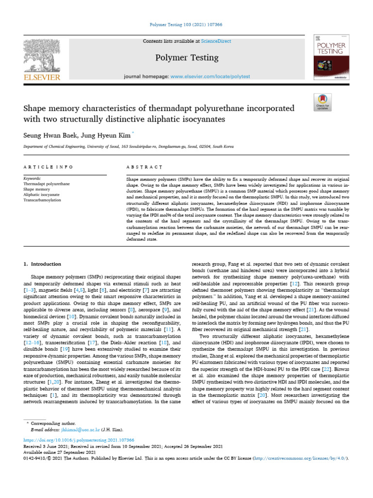 Shape Memory Characteristics of Thermadapt Polyurethane Incorpo 2021 ...