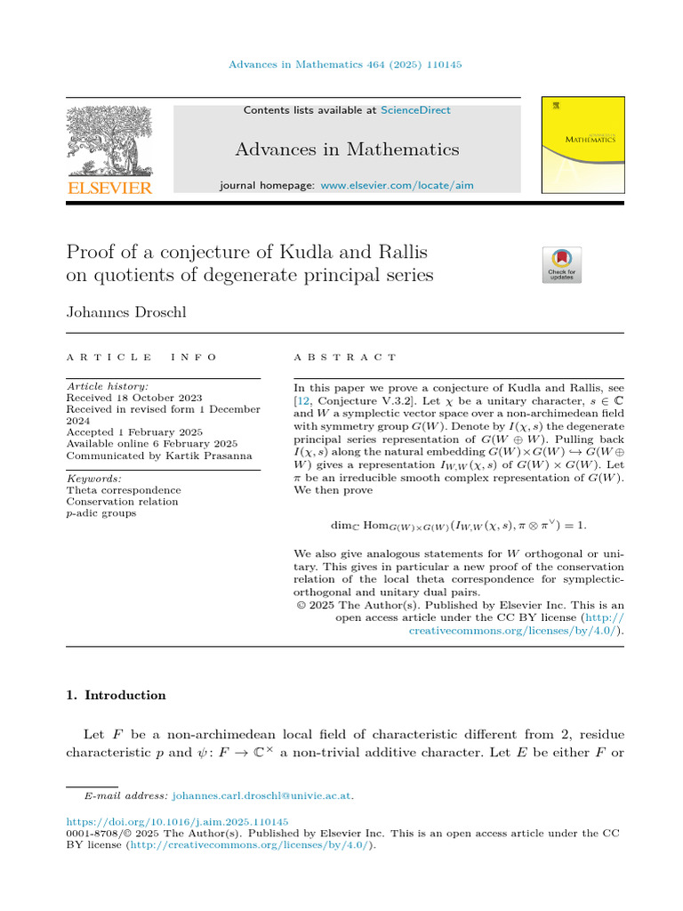 Johannes Droschl, Proof of A Conjecture of Kudla and Rallis On ...