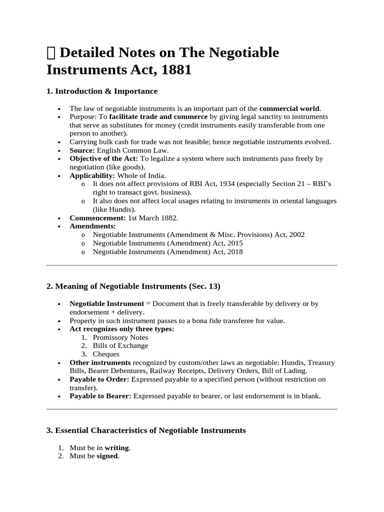 Detailed Notes On The Negotiable Instruments Act | PDF | Negotiable ...