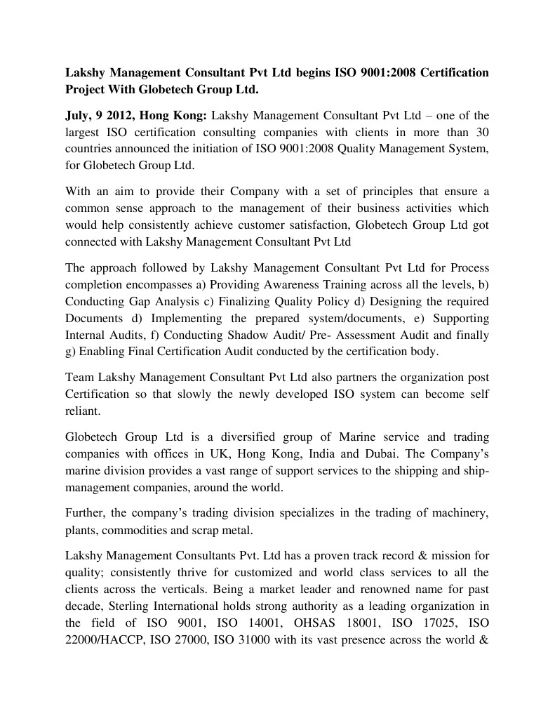 Lakshy Management Consultant Pvt Ltd Begins Iso 9001 08 Certification Project With Globetech Group Ltd United Arab Emirates Iso 9000
