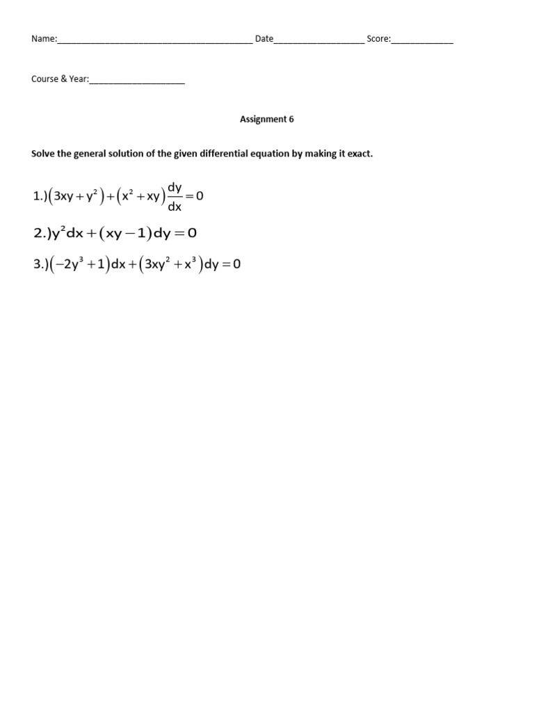 Assignment 6 Non-Exact Differential Equations | PDF