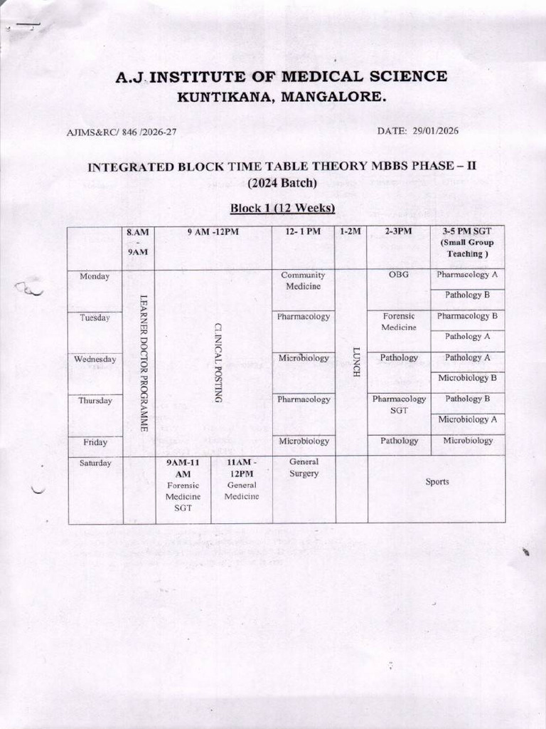 Integrated Block Time Table Theory Mbbs Phase II | PDF