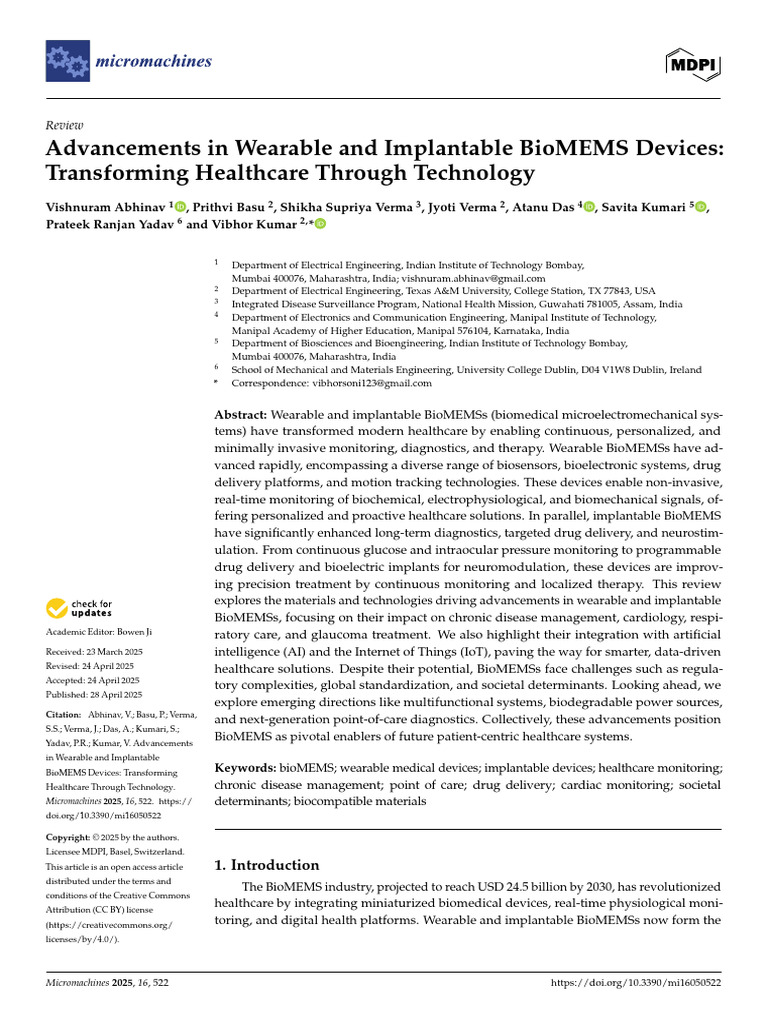 Advancements in Wearable and Implantable BioMEMS Devices | PDF ...