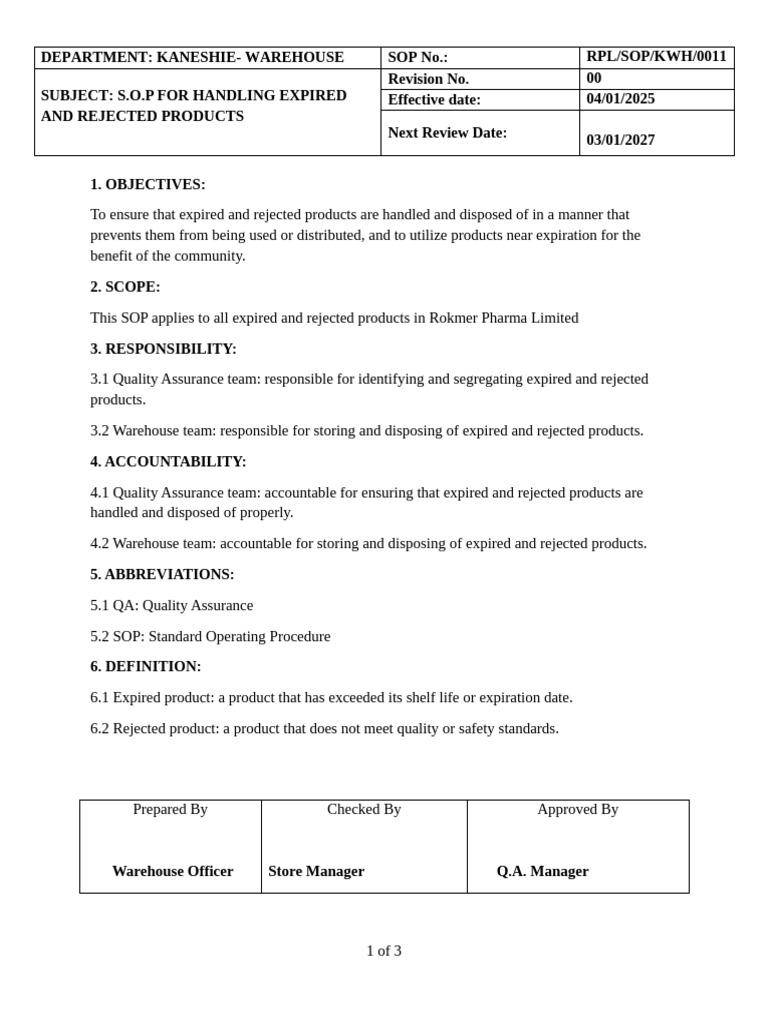 Expired and Rejected Product | PDF | Quality Assurance | Warehouse