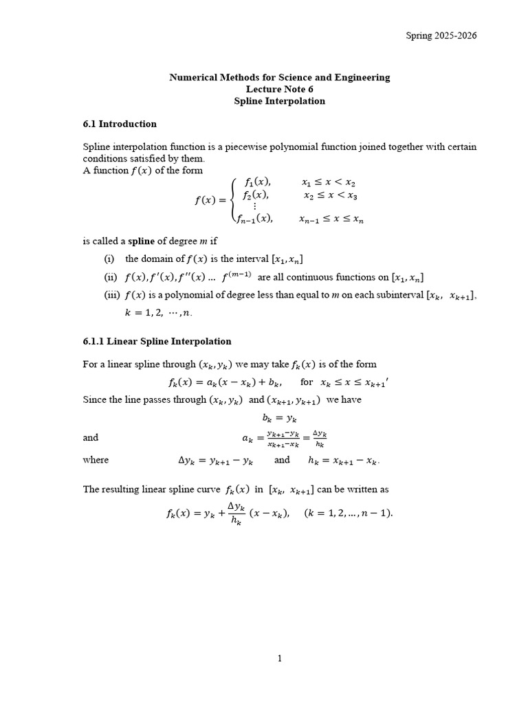 CH 6 Spline Interpolation Spring 25 26 | PDF | Interpolation | Spline ...