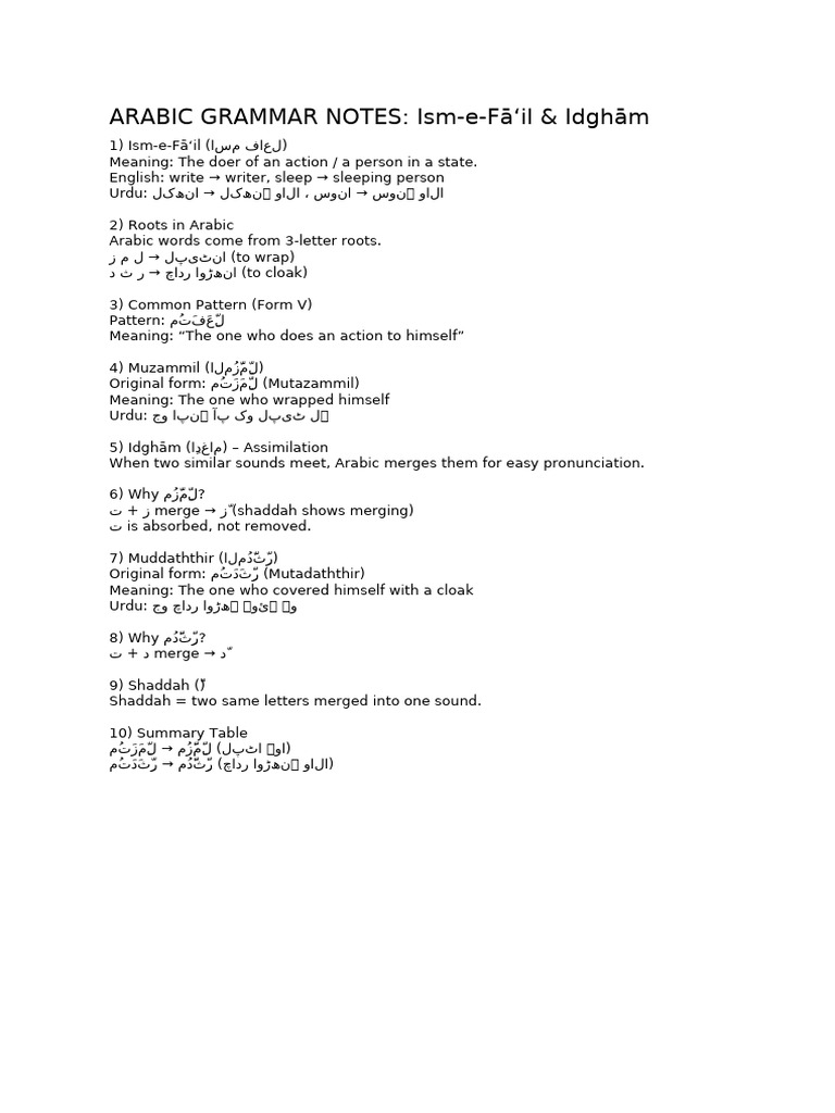 Arabic Grammar Notes Muzammil Muddaththir | PDF