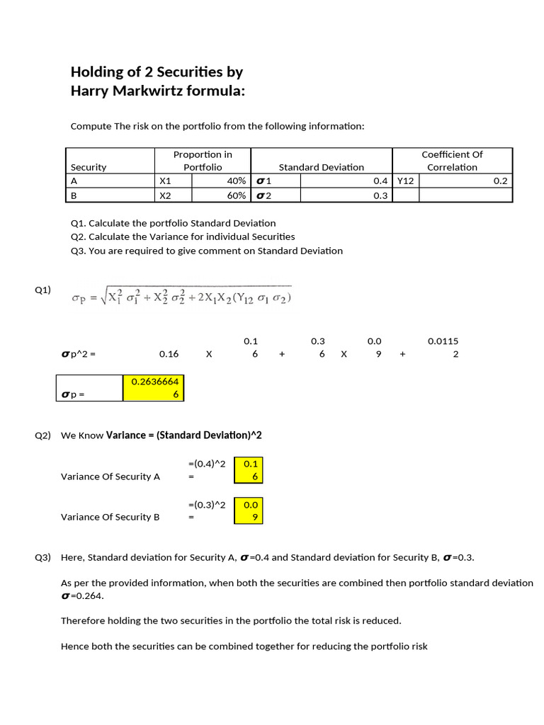 Holding of 2 Securities by Harry Markwirtz Formula | PDF