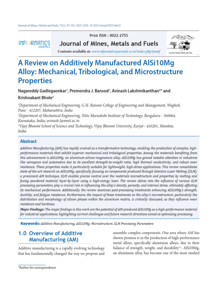 A Review On Additively Manufactured Alsi10Mg Alloy: Mechanical ...