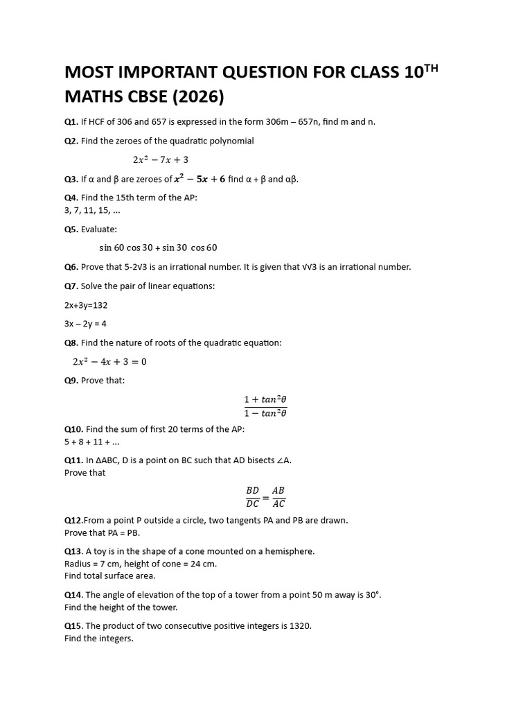 Most Important Question For Class 10th Maths Cbse-1 | PDF | Circle ...