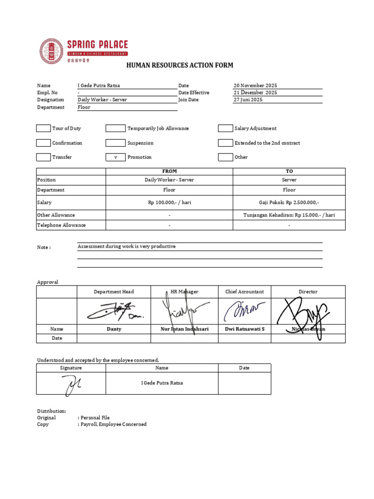 HR Action Form Salary - SP Server DW To Server Staff - I Gede Putra ...