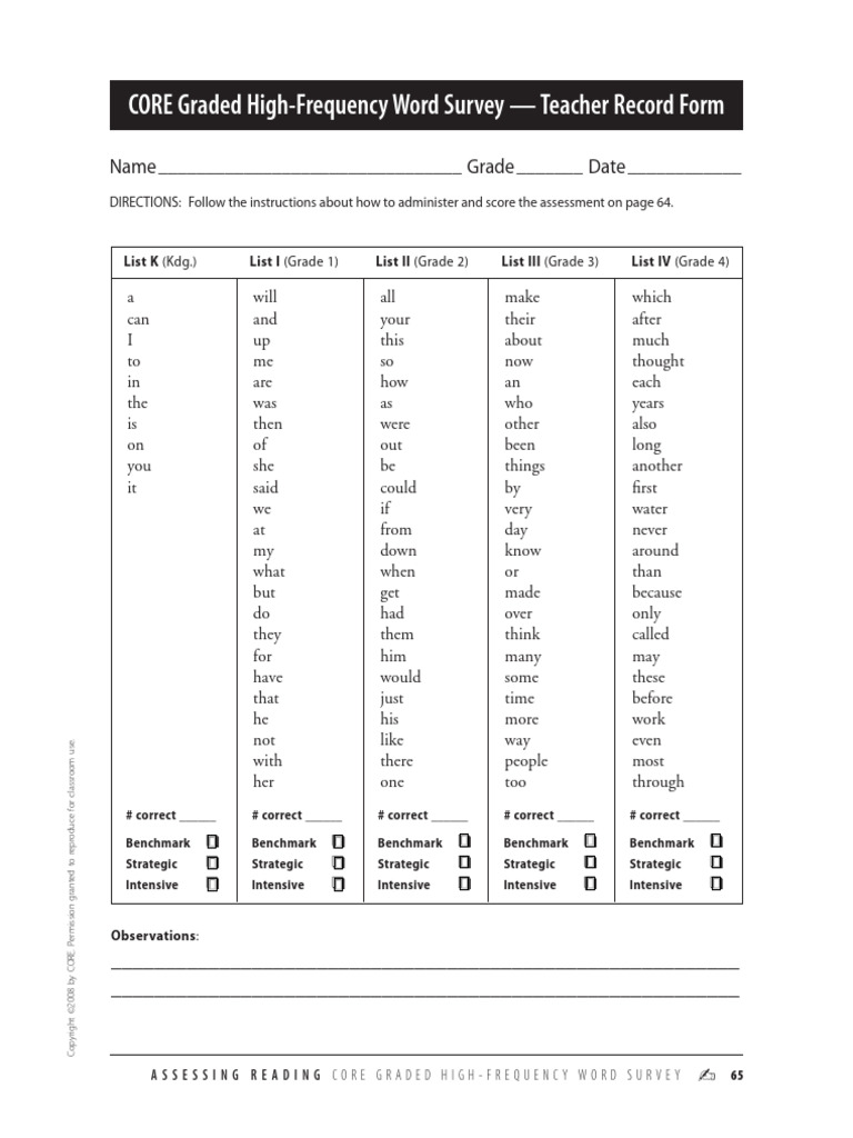CORE Graded High-Frequrency Word Survey 2008 | PDF | Teaching | Learning