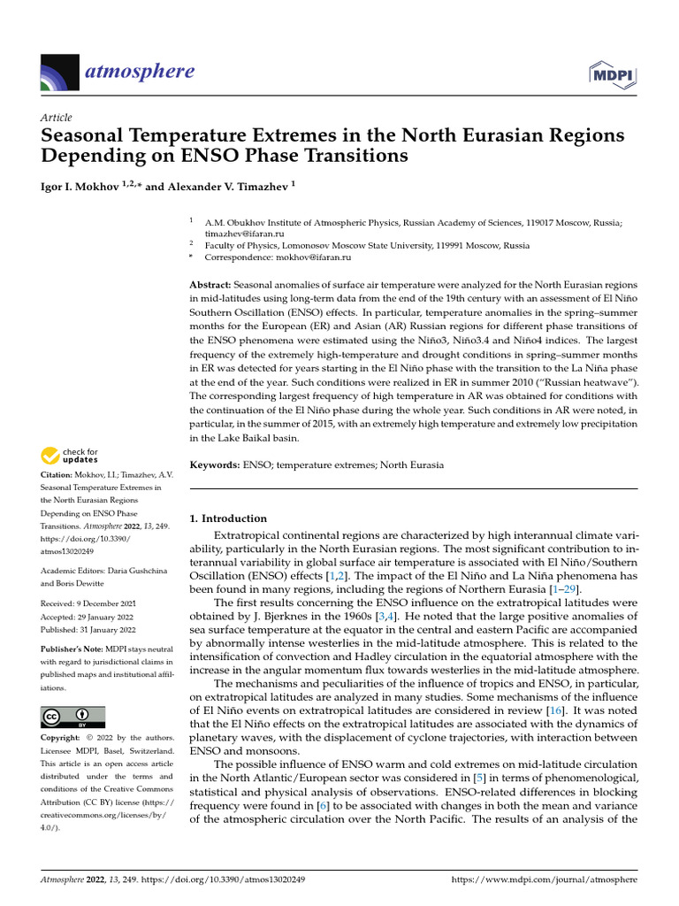 Mokhov Seasonal Temperature Extremes | PDF | Sea Surface Temperature ...