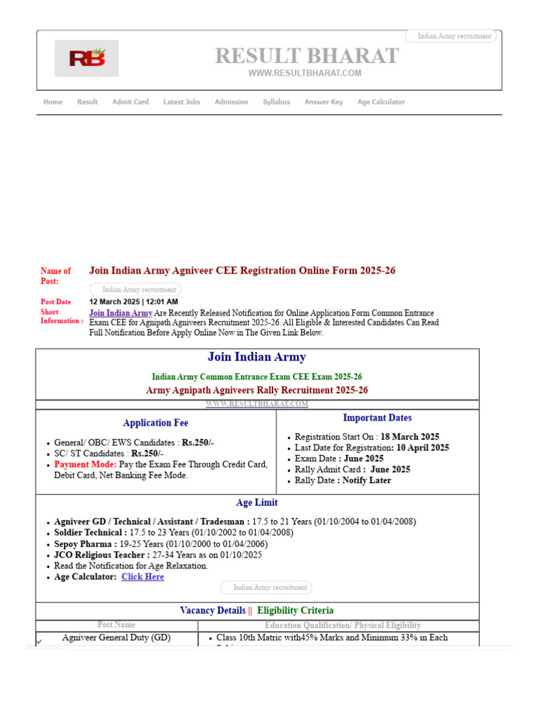 Indian Army Agniveer CEE Online Form 2025-26 - Agniveer CEE ...