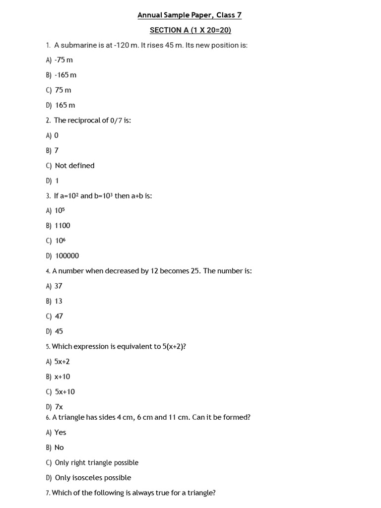 Annual Sample Paper Class7 | PDF | Triangle | Classical Geometry