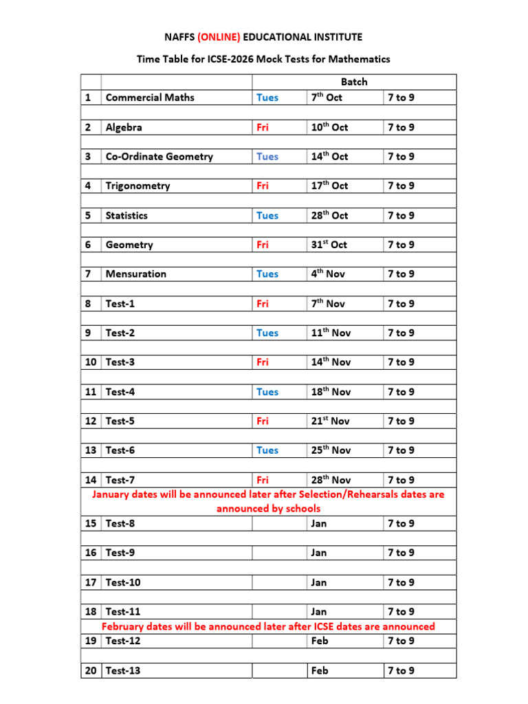 01-Time Table For Mock Tests-2025-26 | PDF