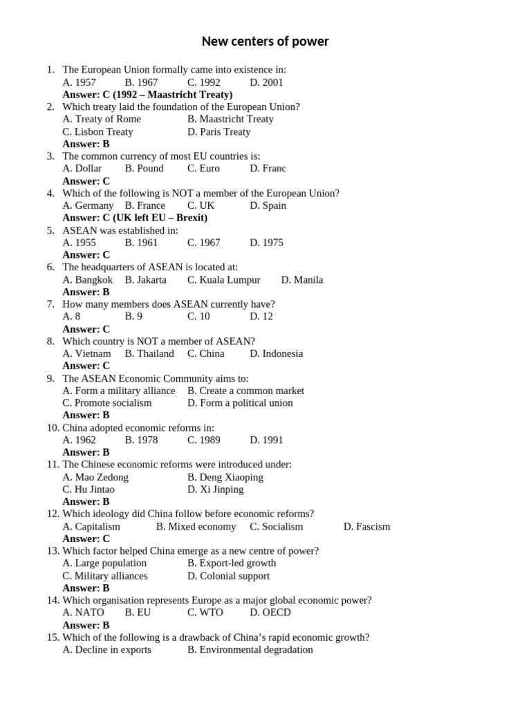 New Centers of Power MCQ Based Questions | PDF | European Union | China