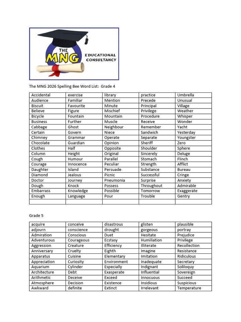 The MNG 2026 Primary Spelling Bee Word List - 065747 | PDF
