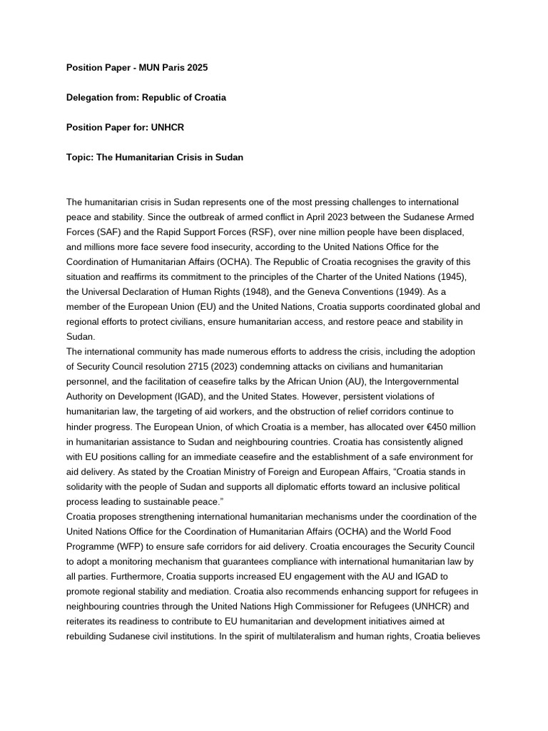 Croatia UNHCR Position Paper | PDF | Humanitarian Aid | United Nations