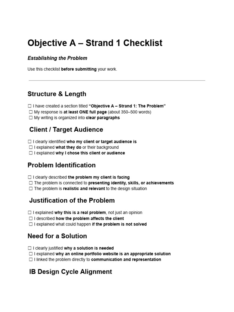 Objective a – Strand 1 Checklist | PDF