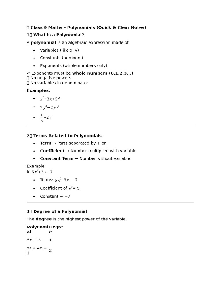 ? Class 9 Maths - Polynomials | PDF | Polynomial | Computational Science