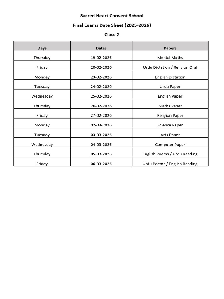 SHCS Final Exams Date Sheet (2025-2026) Class 2 | PDF