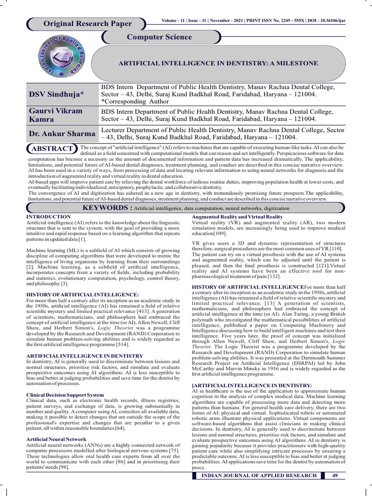 Artificial Intelligence in Dentistry a Milestone November 2021 ...