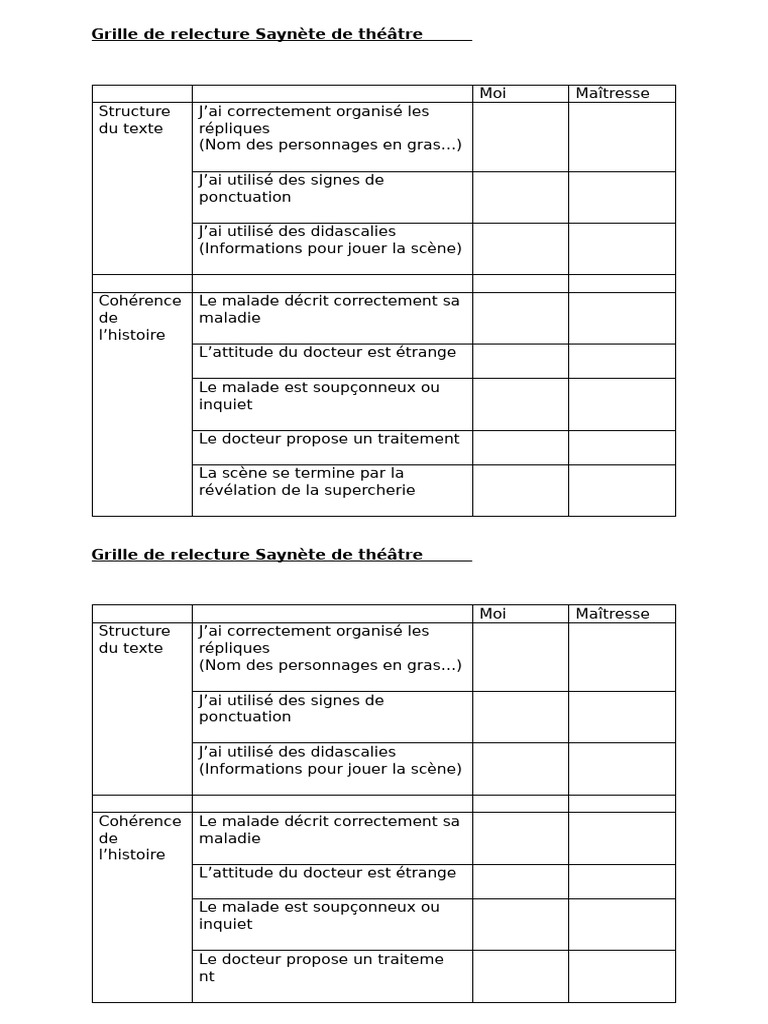 Grille de Relecture Saynète de Théâtre | PDF