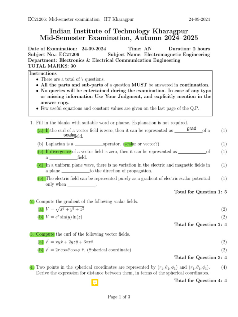 Mid Sem 2024 First Year | PDF | Coordinate System | Magnetic Field