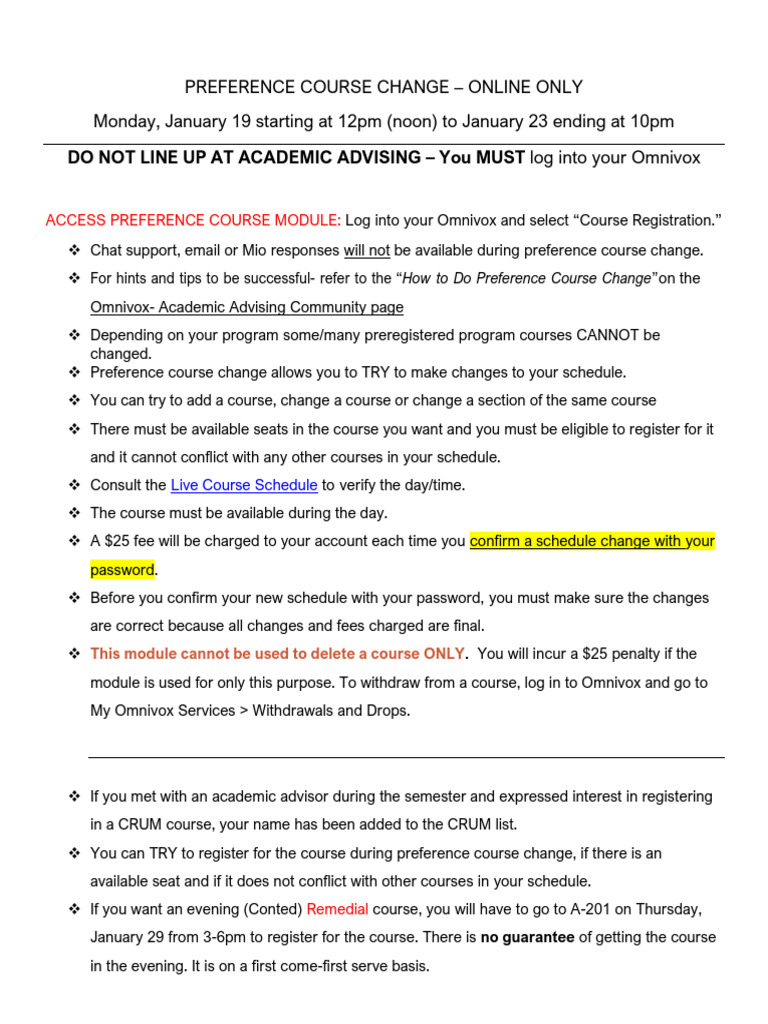 Winter 2026 Preference Course Change | PDF