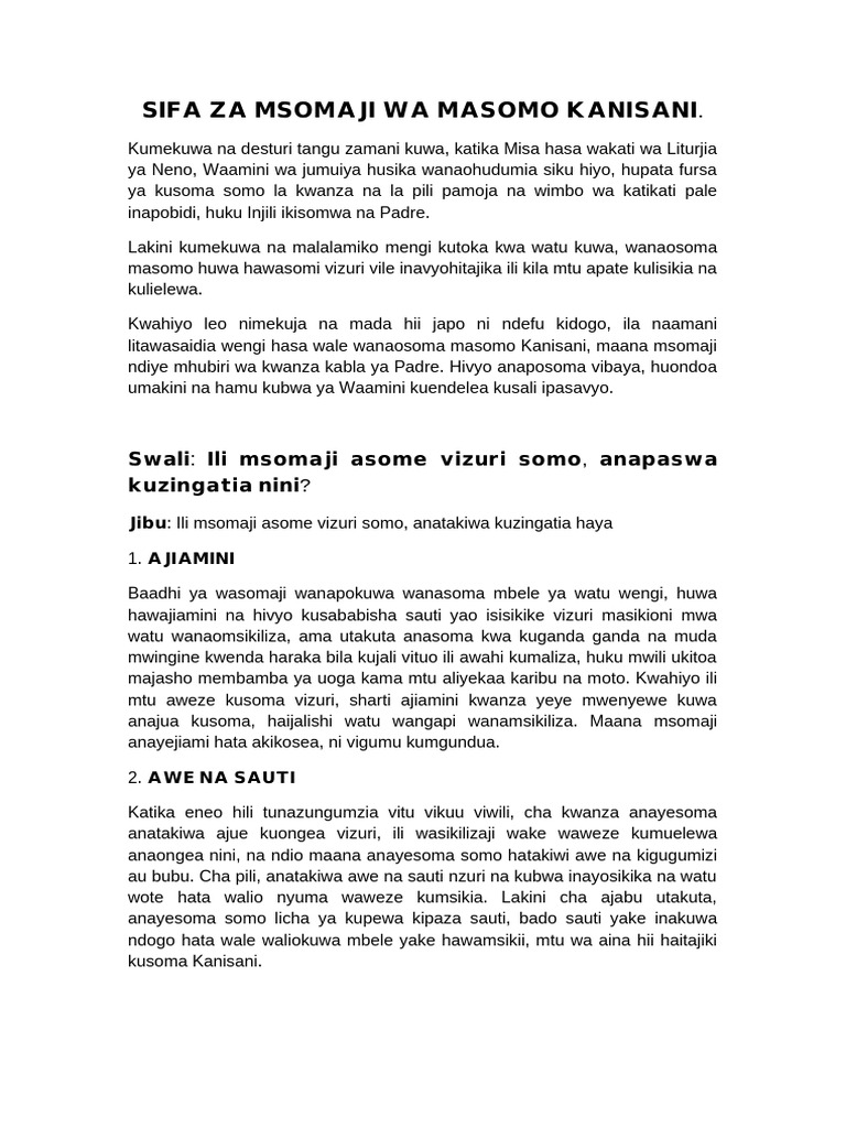 Sifa Za Msomaji Wa Masomo | PDF