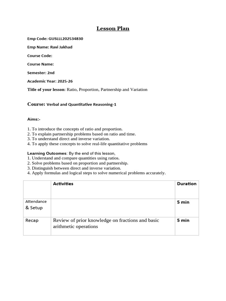 Lesson Plan (Ratio Proportion) | PDF | Ratio | Teachers