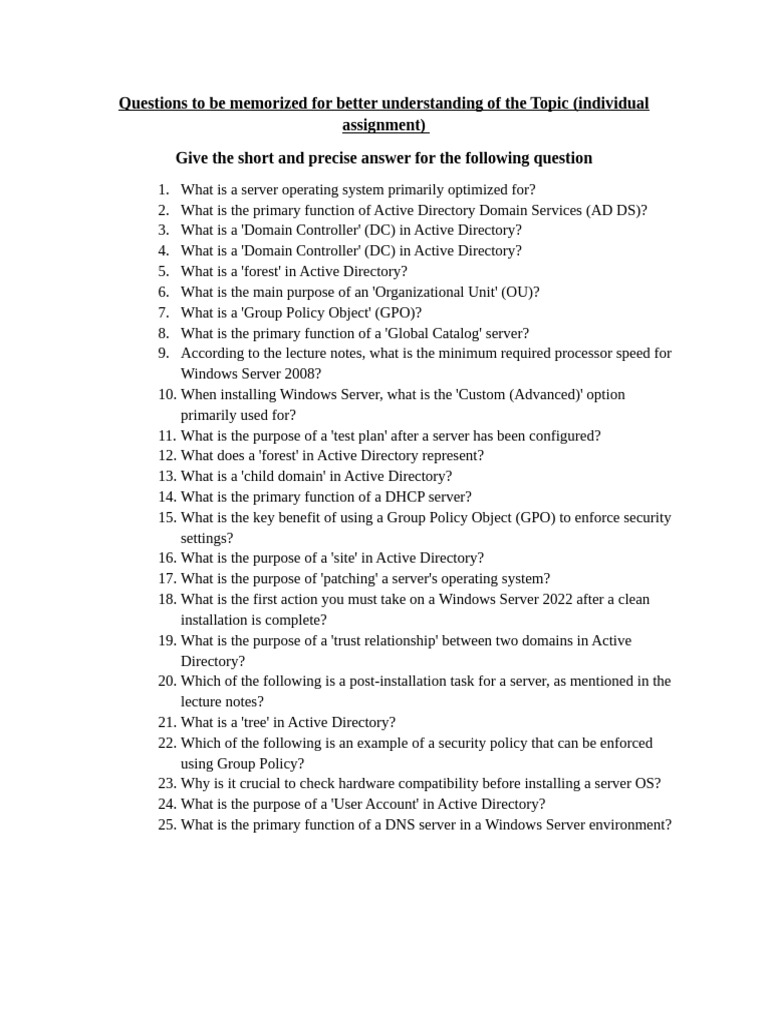 Questions to Be Memorized for Better Understanding of the Topic | PDF