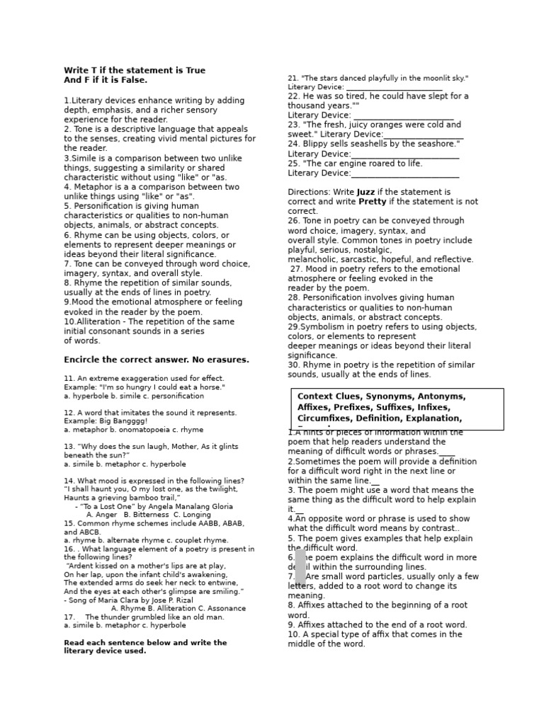 Write T If The Statement Is True Quiz 7 | PDF | Poetry | Rhyme