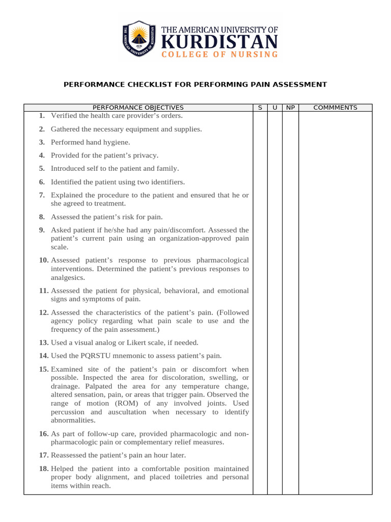 Performance Checklist For Performing Pain Assessment | PDF | Pain ...