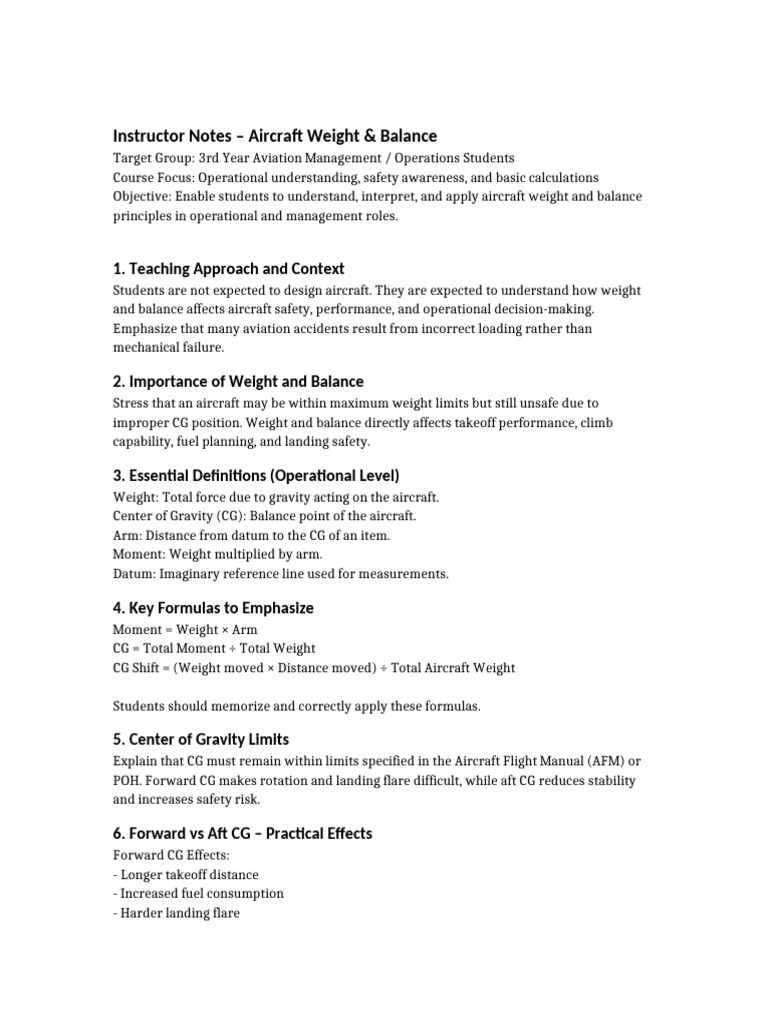 Instructor Notes Weight and Balance Aviation Management | PDF ...