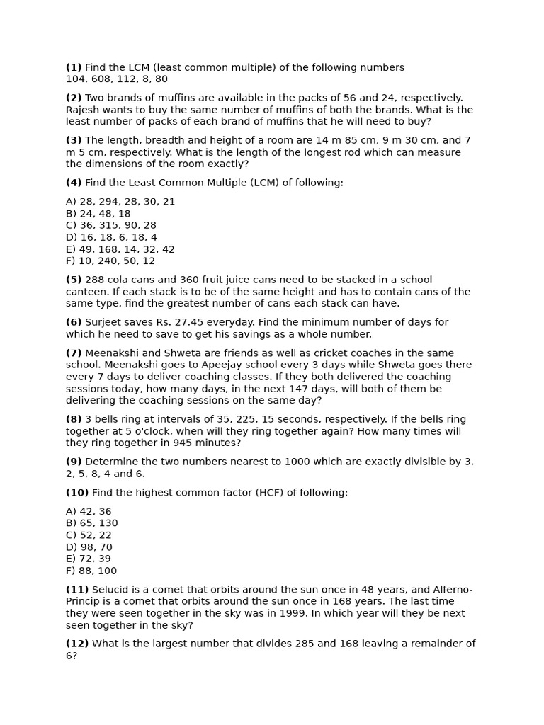 Maths Worksheet HCF and LCM | PDF