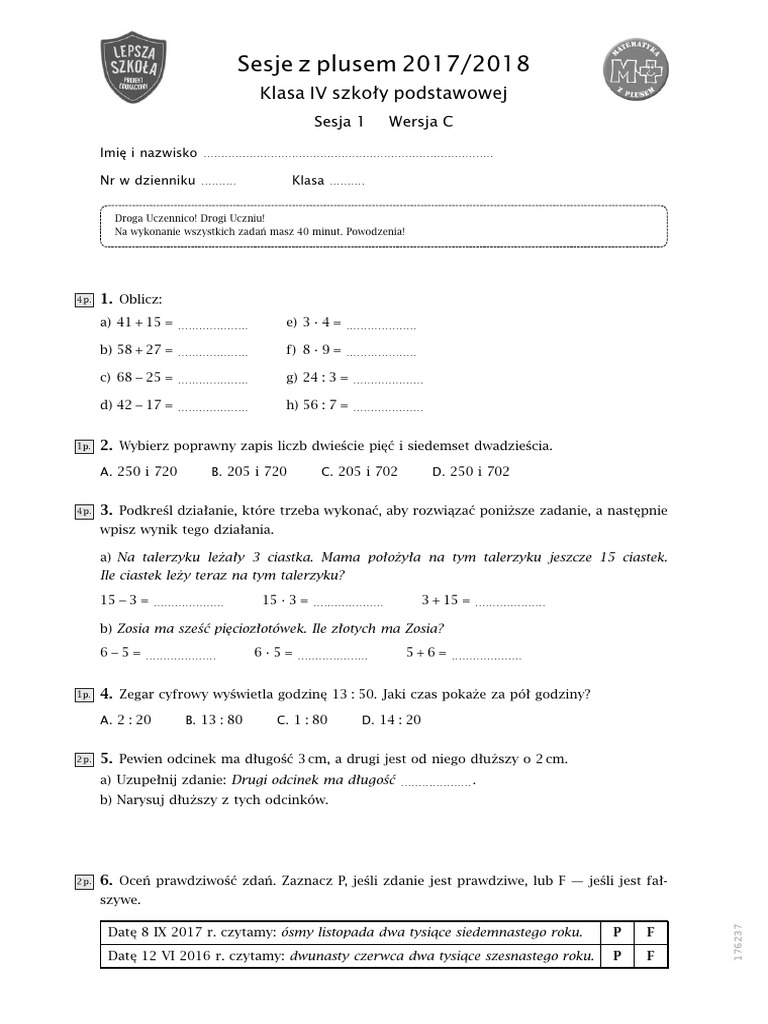 Klasówka - Wersja C 4 | PDF