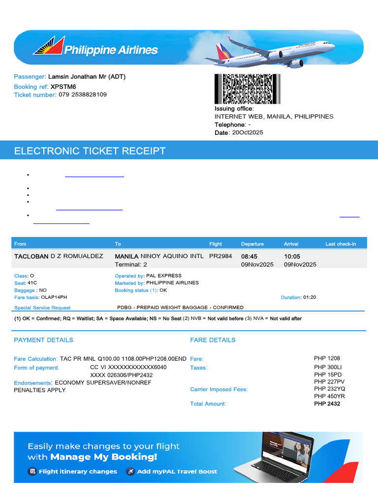 Electronic Ticket Receipt 09NOV For JONATHAN LAMSIN | PDF
