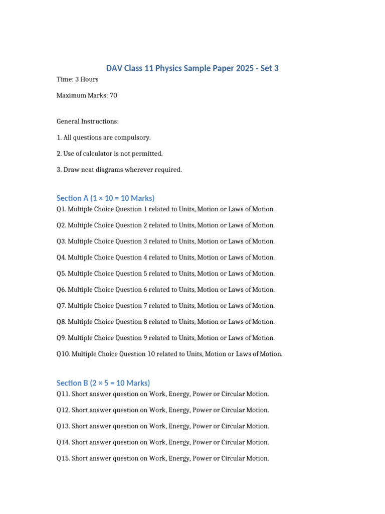 DAV Class 11 Physics Sample Paper Set 3 | PDF | Newton's Laws Of Motion ...