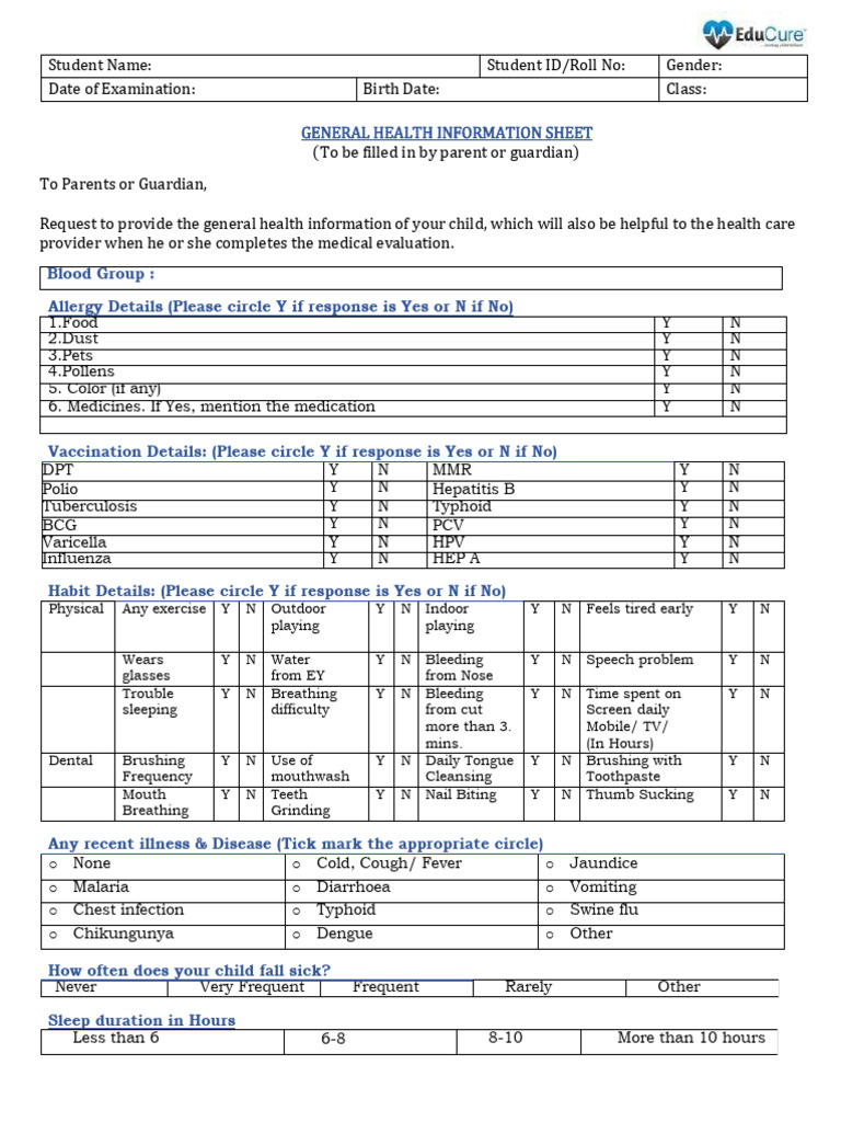 Student Pre Assessment Form Format | PDF | Public Health | Diseases And ...