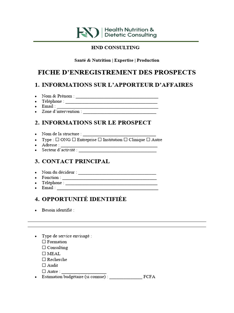 Fiche D'enregistrement Des Prospects - HND 2026 | PDF