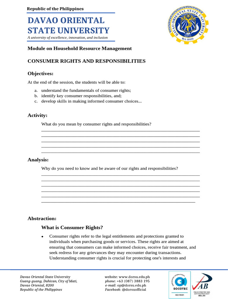 Consumer Rights and Responsibilities Module in Household | PDF ...