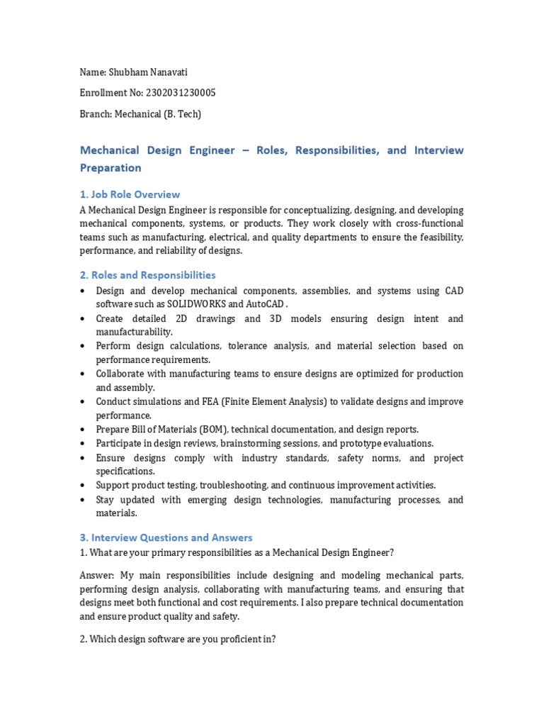 Mechanical Design Engineer Role and Interview | PDF | Mechanical ...